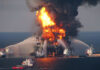 Fire boat response crews battle the blazing remnants of the off shore oil rig. Deepwater Horizon April 21, 2010. © United States Coast Guard (USCG)