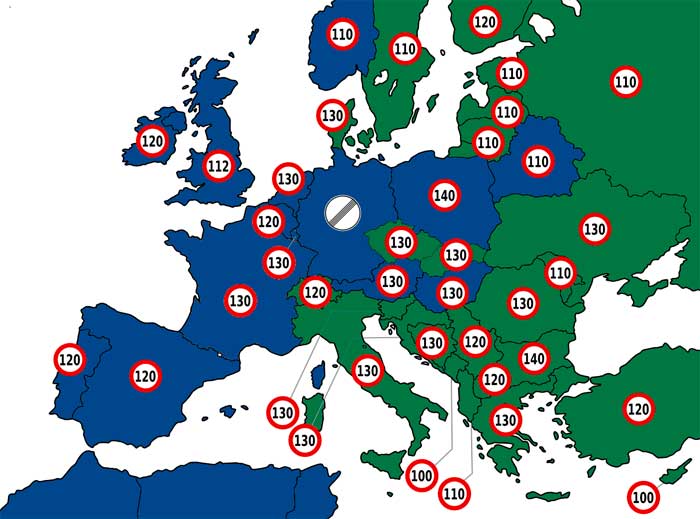 Highway speed limits europe with indicator colors 700