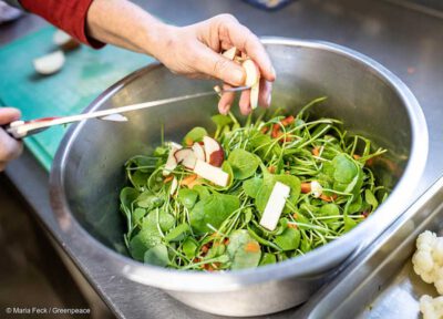 Mahlzeiten in einer Kita in Altona Dokumentation der Vorbereitung vom Frühstück und Mittagessen in einer Kita in Altona, Hamburg. Das Essen ist bio und wird komplett vor Ort zubereitet. Die Kinder helfen bei der Zubereitung und beim Servieren mit und essen zusammen in Gruppen. Photo © Maria Feck / Greenpeace