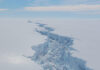 The rift in the Larsen C Ice Shelf shortly before calving of giant iceberg. Photo: Rosey Grant @ British Antarctic Survey