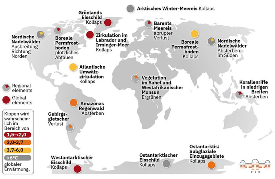 Tipping points world map. Figure by Biermann/PIK, based on Armstrong McKay et al, 2020