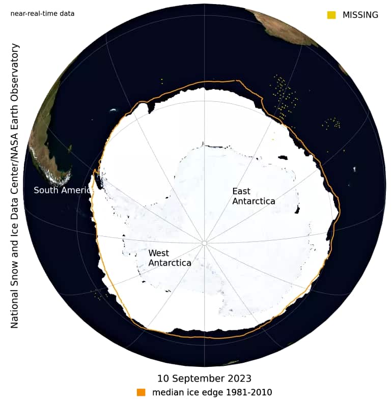 Antarctic sea ice extent NASA Blue Marble Image from September 10, 2023This NASA Blue Marble image shows Antarctic sea ice on September 10, 2023, when sea ice reached its maximum extent for the year. Sea ice extent for September 10 averaged 16.96 million square kilometers (6.55 million square miles), the lowest in the satellite record. — Credit: NSIDC/NASA Earth Observatory