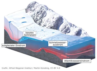 Warmes Wasser strömt aus dem Atlantik in die Kaverne unter der Gletscherzunge und lässt das Eis dort von unten schmelzen. Grafik: AWI / Martin Künstig / CC-BY 4.0